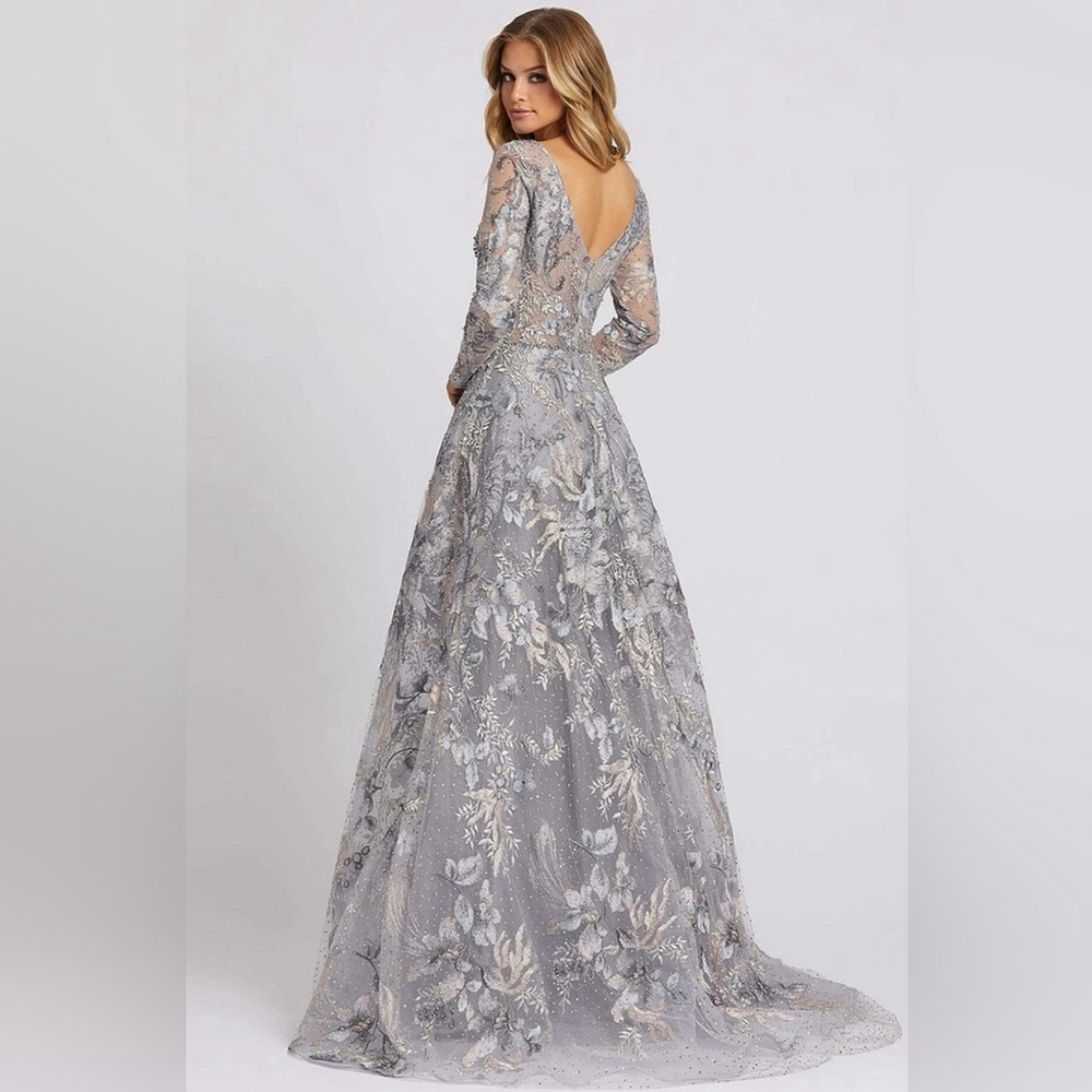 A-line embroidered formal gown with long sheer illusion sleeve la and v neckline - Picture 3 of 4